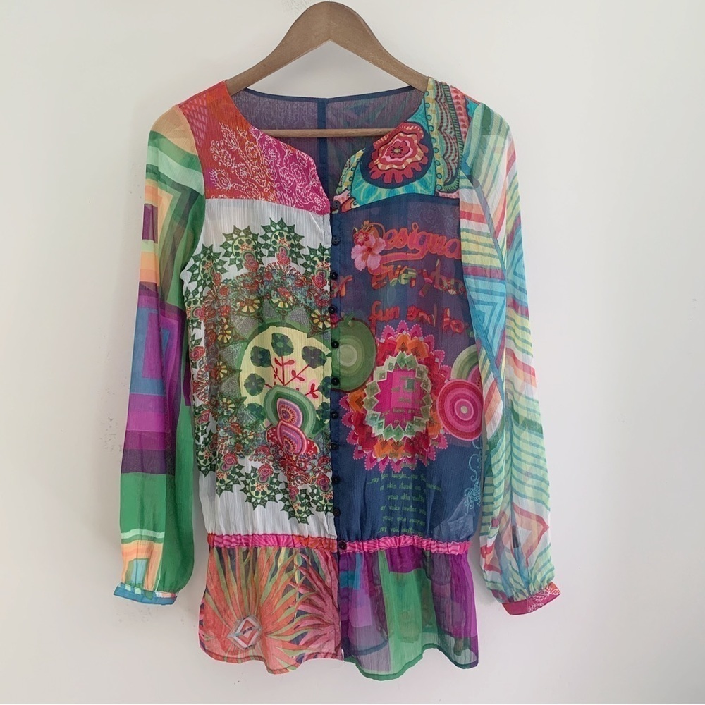 Desigual Vibrant Mixed Print Gauzy Peplum Tunic Blouse XS - Picture 10 of 10